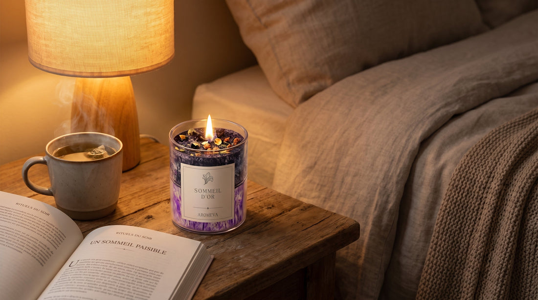 Bougie d'aromathérapie Sommeil d'Or Aromeva allumée le soir sur une table de nuit, avec une tasse de tisane et un livre ouvert