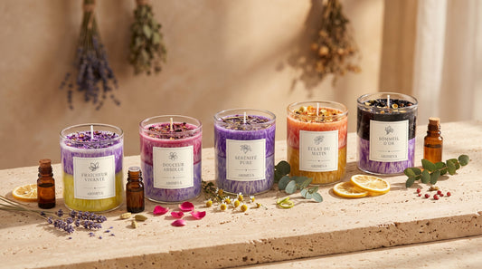 Les 5 bougies d'aromathérapie Aromeva alignées (Fraîcheur Vivante, Douceur Absolue, Sérénité Pure, Éclat du Matin, Sommeil d'Or) avec fleurs séchées et huiles essentielles