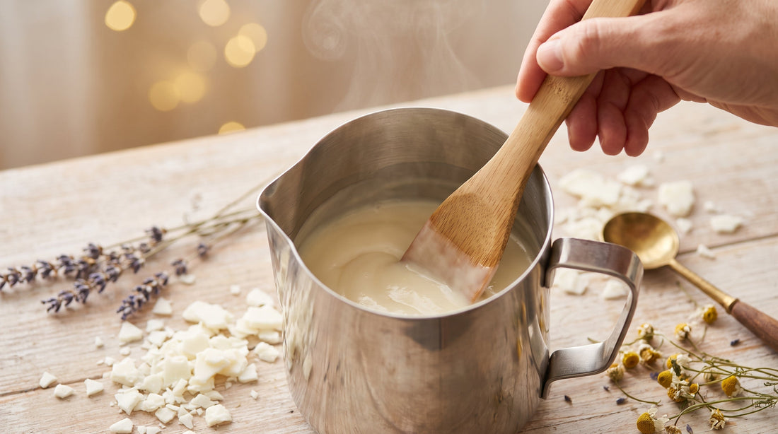 Cire de soja crème fondue mélangée à la spatule en bois dans un pichet, atelier de fabrication de bougies artisanales Aromeva
