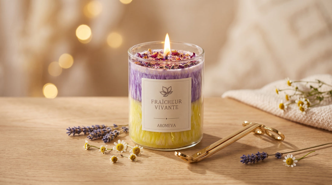 Bougie d'aromathérapie Aromeva allumée avec des ciseaux dorés pour tailler la mèche et des fleurs séchées