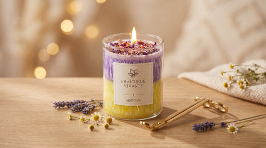Bougie d'aromathérapie Aromeva allumée avec des ciseaux dorés pour tailler la mèche et des fleurs séchées