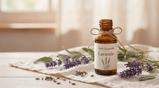 Flacon d'huile essentielle de lavande et brins de lavande séchée sur une table en bois clair